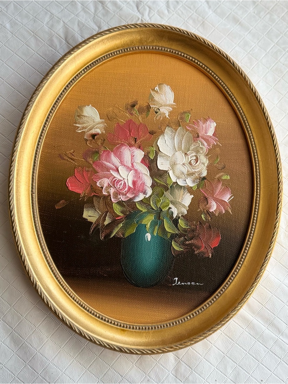 Vintage oil painting by Jensen Oval Gold-Framed Floral Painting with Teal Vase